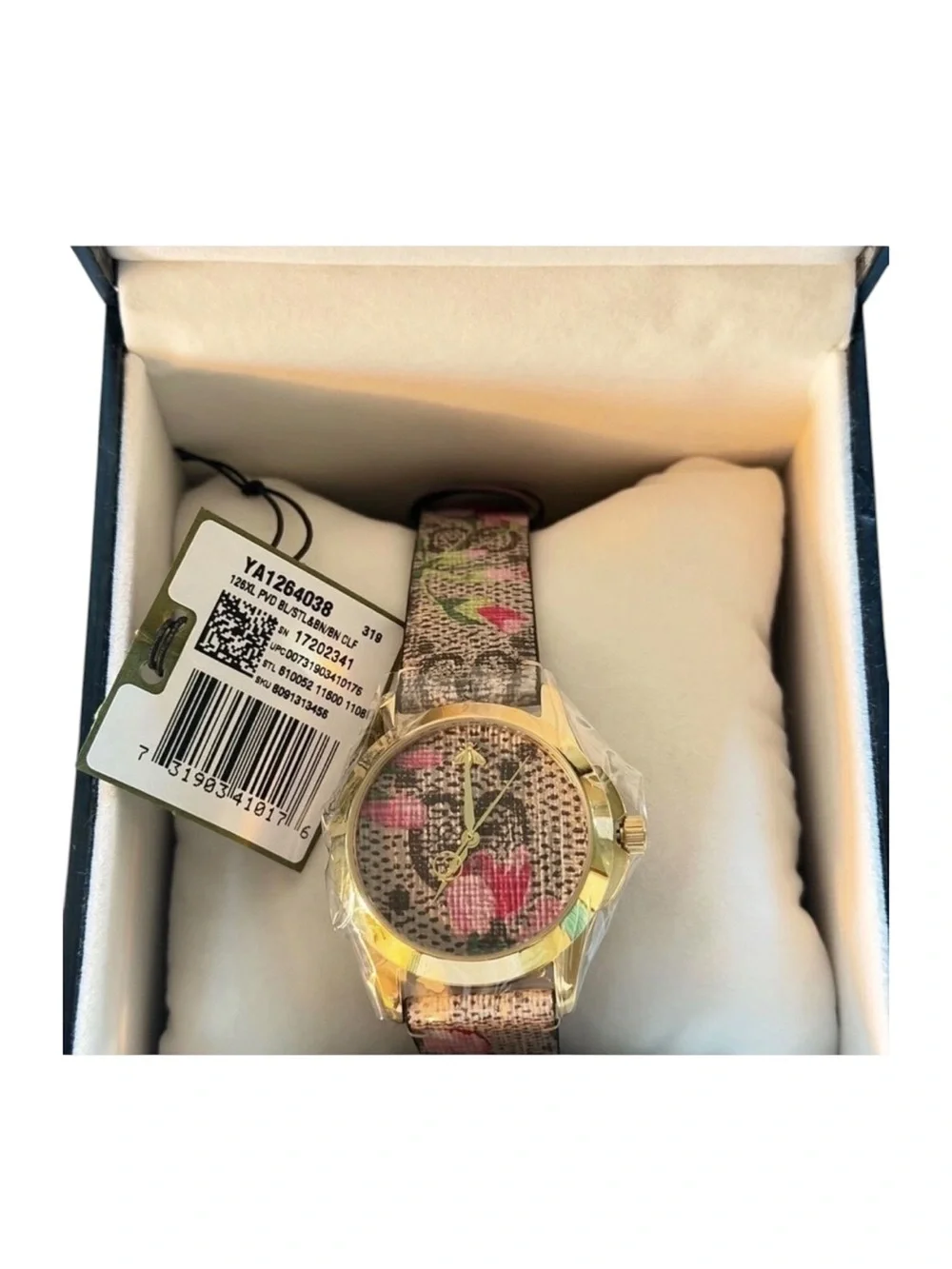 NWT Full Set Gucci G-Timeless YA1264038 Unisex Canvas Floral Gold 38mm⁠